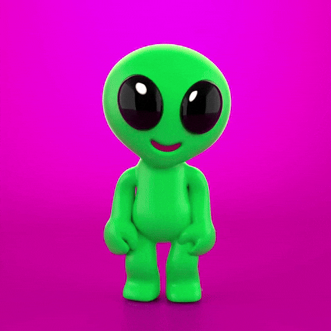Tancující zelený ufon na růžovém pozadí v gif provedení. 