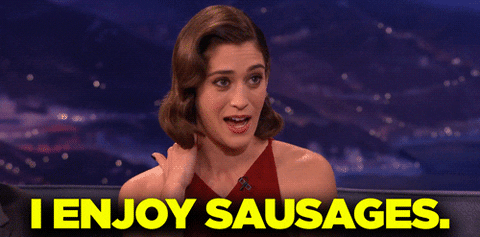 Lizzy Caplan Sausages GIF by Team Coco - Find & Share on GIPHY