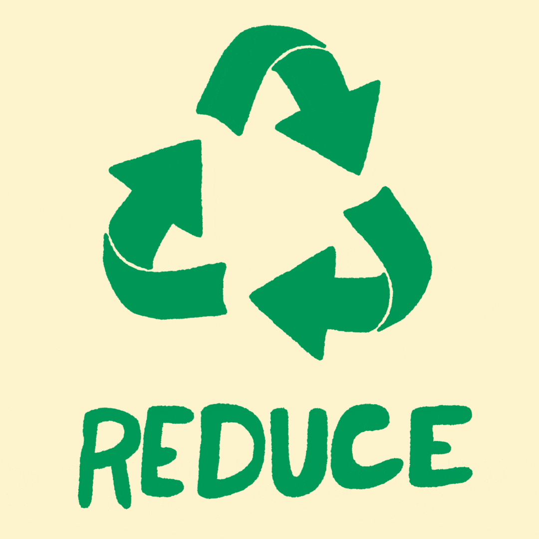 Digital art gif. Cartoon of a green "recycle" sign rotates its arrows around and around. Each time the arrows move, a new work appears in green font: "Reduce, reuse, recycle," all against a cream background.