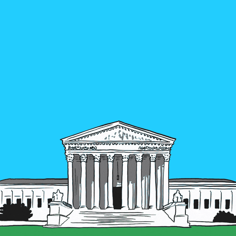 Illustrated gif. Puffy cloud-shaped text pops up in a clear blue sky above the Supreme Court Building. Text, "Protect the clean air act."