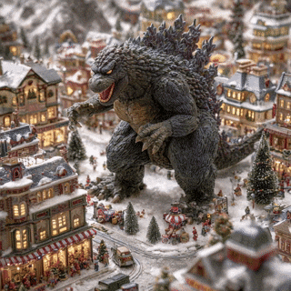 Christmas Village Godzilla GIF