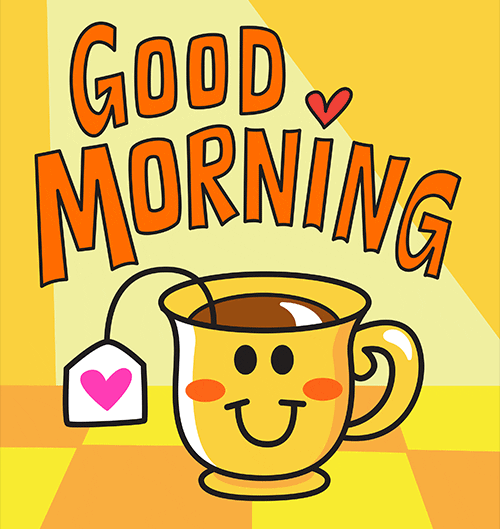 Digital illustration gif. Happy mug of tea with a smiley face winks at us, with a pink heart visible on the tag of the tea bag. A beam of yellow light shines down on the mug of tea against a light orange background. Bouncy orange text reads "Good morning."