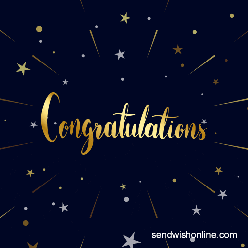 Text gif. Cursive gold text on a dark blue background, surrounded by stars. Text, "Congratulations!"