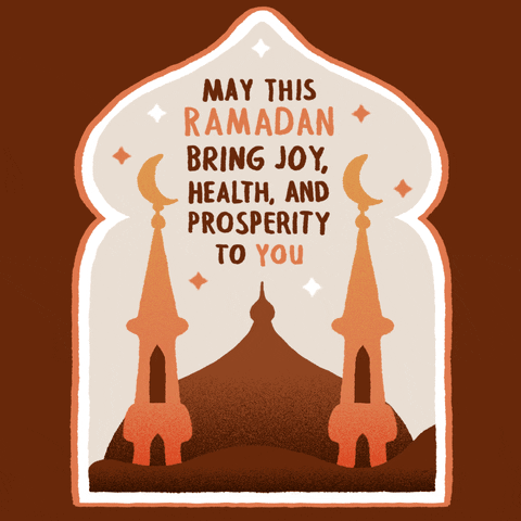 Digital art gif. Scalloped window frame shows a silhouetted view of two minarets with crescent moons on top and the text, "May this Ramadan bring joy, health, and prosperity to you."