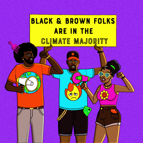 Digital art gif. Three Black activists stand together and enthusiastically raise their fists as they hold megaphones against a purple background. The man in the center raises a sign above his head that says, “Black & brown folks are in the climate majority.”