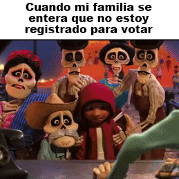 Digital art gif. Miguel from Coco surrounded by his ancestors, reveals himself to the undead customs agent who freezes, agape in shock, his jaw literally dropping off of his skull, then collapses, revealing Rapunzel from Tangled, mid follow-through on a cast iron pan. Text, "Cuando mi familia se entera que no estoy registrado para votar."