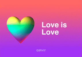 Digital art gif. A pulsing heart streams with a rainbow of colors. Text, "Love is love."