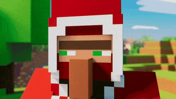 Cartoon gif. A 3D rendered Minecraft character in a Santa outfit shifts his narrow gaze back and forth. 