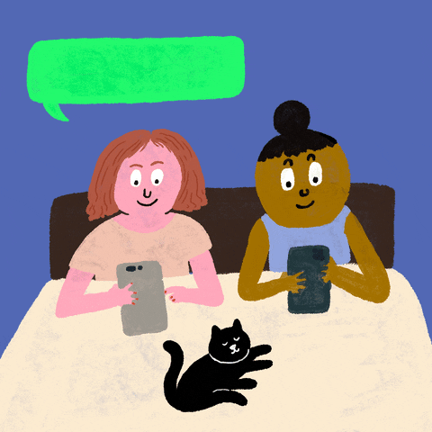 Digital illustration gif. Two women with happy expressions sit on a bed, holding  their phones as a black cat cuddles with them. Above them, a bubble text reads, "Good night," as the other says, "Good night."