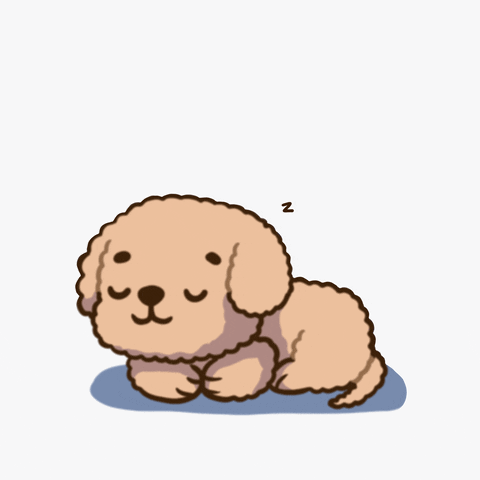 Cartoon gif. A small, fluffy puppy naps contentedly with a satisfied smile as a string of Zs stream out from his head.