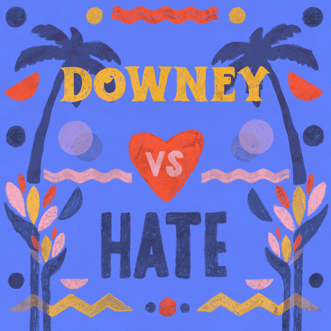 Digital art gif. Graphic painting of palm trees and rippling waves, the message "Downey vs hate," vs in a beating heart, hate crossed out.