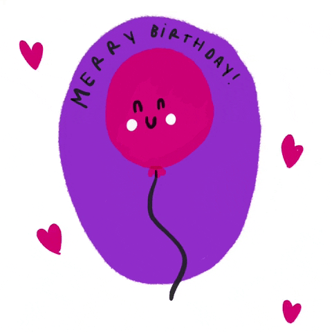 Illustrated gif. Hearts flutter around a pink balloon with a sweet smiley face and a dangling string. Text, "Merry birthday!"