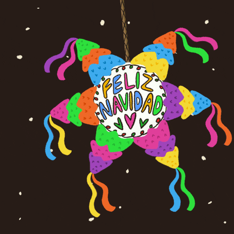 Illustrated gif. Multicolored, six-pointed star-shaped piñata swings side to side from a rope. Text in the center of the piñata reads "Feliz Navidad" with green and pink hearts below.