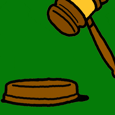 Political gif. Green and gold illustration of a gavel coming down on the block, revealing the message "Courts uphold our freedoms, #govote Wisconsin!"