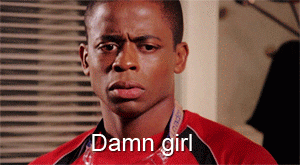 TV gif. Dule Hill as Burton Guster in Psych looks someone up and down while saying "Damn, girl."