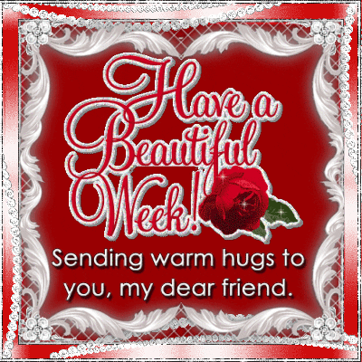 Digital illustration gif. White lace and rhinestones frame a red background with a single rose. Sparkly text reads, "Have a beautiful week! Sending warm hugs to you, my dear friend."