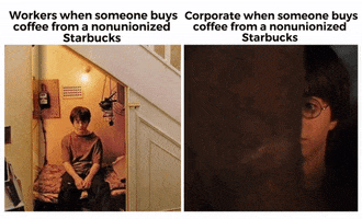 Harry Potter gif. Two gifs. First: Daniel Radcliffe as a young Harry Potter sits dejectedly on his bed in the cupboard under the stairs, a bare lightbulb shining glumly over his head. Text, "Workers when someone buys coffee from a non-unionized Starbucks." Second: Harry's mouth opens in a look of amazement as he sees piles of golden coins in the Gringotts's vault. Text, "Corporate when someone buys coffee from a non-unionized Starbucks."