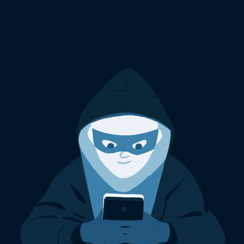 Digital art gif. Masked and hooded hacker menacingly types a message on a phone against a black background. Text, “Conținut neobişnuit de la un prieten? Verificati daca a fost atacat de hackeri.”