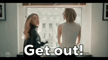 SNL gift. Actress Sydney Sweeney and cast member Heidi Gardner facing a window looking out to the street turn quickly with agency while yelling at the camera. Sydney Sweeney puts her arm out signaling stop. Text, "Get out!"