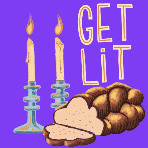 Digital art gif. Loaf of challah and candlesticks on a purple background, steep letters read, "Get lit."