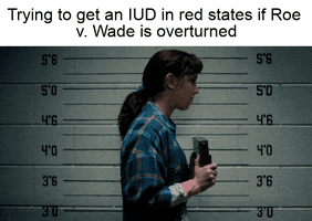 Stranger Things gif. Millie Bobby Brown as Eleven stands against a height chart and turns from side to side, holding a mugshot sign, as a camera flashes. Text, "Trying to get an I-U-D in red states if Roe v. Wade is overturned."