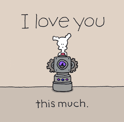 Cartoon gif. Chippy the dog sits on top of a machine with mechanical arms that spread out wide. Text, "I love you this much."