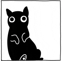 Illustrated gif. Black cat sits up and tilts head, alert, and then a cartoony person steps back, appearing surprised.