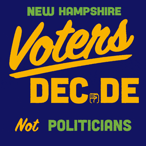 Digital art gif. Green and tangerine signwriting font on a royal blue background, a fist in the place of the I. Text, "New Hampshire voters decide, not politicians."