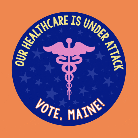 Digital art gif. Blue circular sticker against an orange background features a pink medical symbol of a staff entwined by two serpents, topped with flapping wings and surrounded by light blue dancing stars. Text, “Our healthcare is under attack. Vote, Maine!”