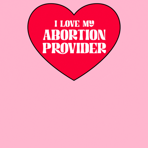 Illustrated gif. Red heart reveals fern green, gold, and indigo accents as it bounces up and down on a pink background. Text on heart reads, "I love my abortion provider."