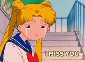 Anime gif. Sailor Moon is crying in front of a staircase, her eyes comically small and teary.