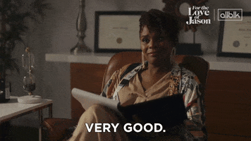 TV gif. Tabitha Brown as Shellie in For the Love of Jason nods and smiles as she holds an open notebook and says, "Very good."