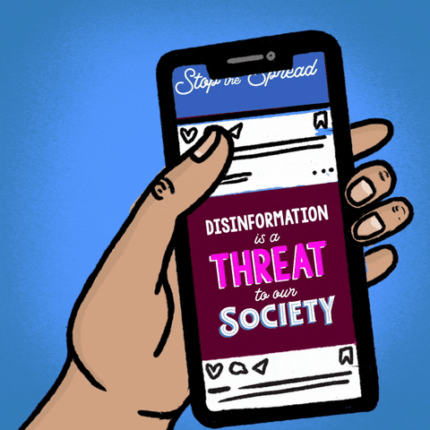 Illustrated gif. Closeup of a hand holding a phone as the thumb scrolls down a screen that reads, "Disinformation is a threat to our society. Use reportdisinfo.org to stop the spread."