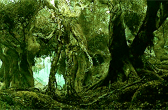 Movie gif. A wide shot of Pippin from The Lord of the Rings: The Two Towers riding Treebeard through a forest.