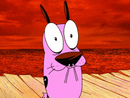 Cartoon gif. Courage the Cowardly Dog screams in terror, his eyes bulging out as he shakes anxiously.