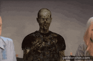 Digital art gif. A digital zombie throws confetti in the air.