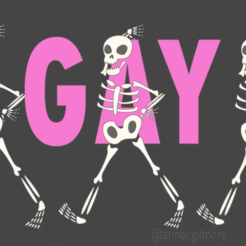 Digital art gif. Skeletons walk through the gif waving their arms in the air proudly and the text behind them reads, "Gay to the bone!"
