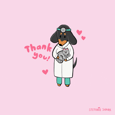 Illustrated gif. Dog dressed as a doctor holds a small gray kitten in its arms and pets its back. The dog doctor wags its tail and flaps its ears. Hearts surround the dog doctor. Text, “Thank you.”