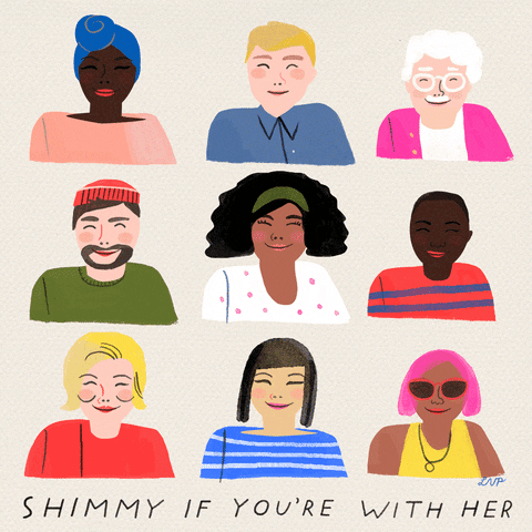 An animated gif with the words "shimmy if you're with her" at the bottom and images of men and women of different races and styles shimmying their shoulders.