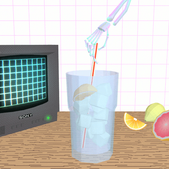 Digital gif art. A skeletal hand stirs a glass of ice water with a slice of lemon in it. To the right of the glass are slices of fruit sit on the counter to the left of the glass is an old school SONY TV.