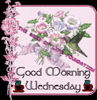 Digital art gif. A bouquet of pink and purple flowers glisten as yellow butterflies fly across them. Text, "Good morning Wednesday."