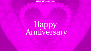 Text gif. The phrase "Happy Anniversary" appears inside animated pink hearts made of more hearts.