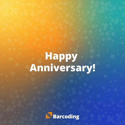 Text gif. A yellow, green, and blue background shifts in circles behind expanding text that reads, "Happy anniversary!"
