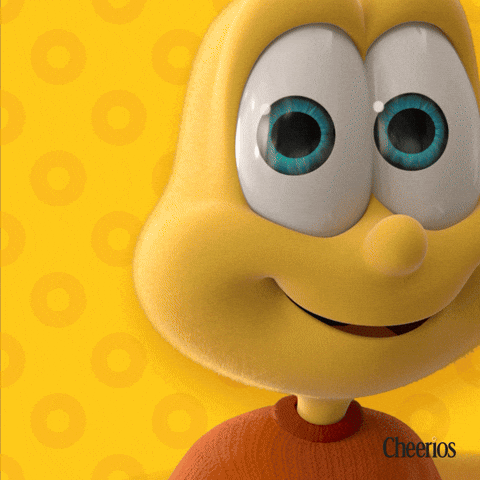Sponsored gif. Buzz, the anthropomorphic bee mascot for Cheerios, taps at the screen as if trying to get the viewer's attention. Buzz is smiling excitedly. The Cheerios logo is in the lower right corner.