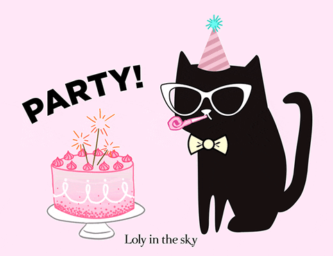 Růžové kreslené pohyblivé přáníčko s černou kočkou foukající na frkačku, s brýlemi a narozeninovou čepičkou a nápisem Party!