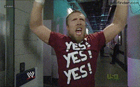 Sports gif Wrestler Daniel Bryan wears a Yes Yes Yes shirt and pumps his arms in the air with intensity as he does his Yes chant