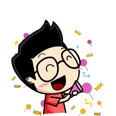 Cartoon gif. A cheerful boy with glasses smiles happily as colorful candy darts out behind him. Text, "Congratulations!"