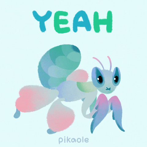 Digital art gif. A blue preying mantis is bouncing up and down, jumping only with its front legs and the text above reads, "Yeah."
