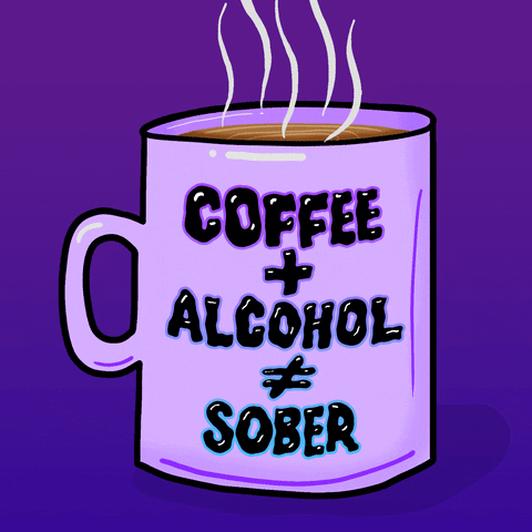 Digital art gif. Oversized lavender mug with a tiny handle on a bold purple background, full of steaming coffee, reads "Coffee + alcohol ≠ sober."