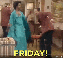 TV gif. Sherman Hemsley as George in The Jeffersons dances energetically like a limp noodle with a groovy woman in blue. Text, "Friday!"
